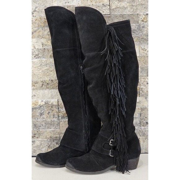 Naughty Monkey Suede Boots Over the Knee Fringe Black Boho Biker Western 8.5 - Picture 2 of 16